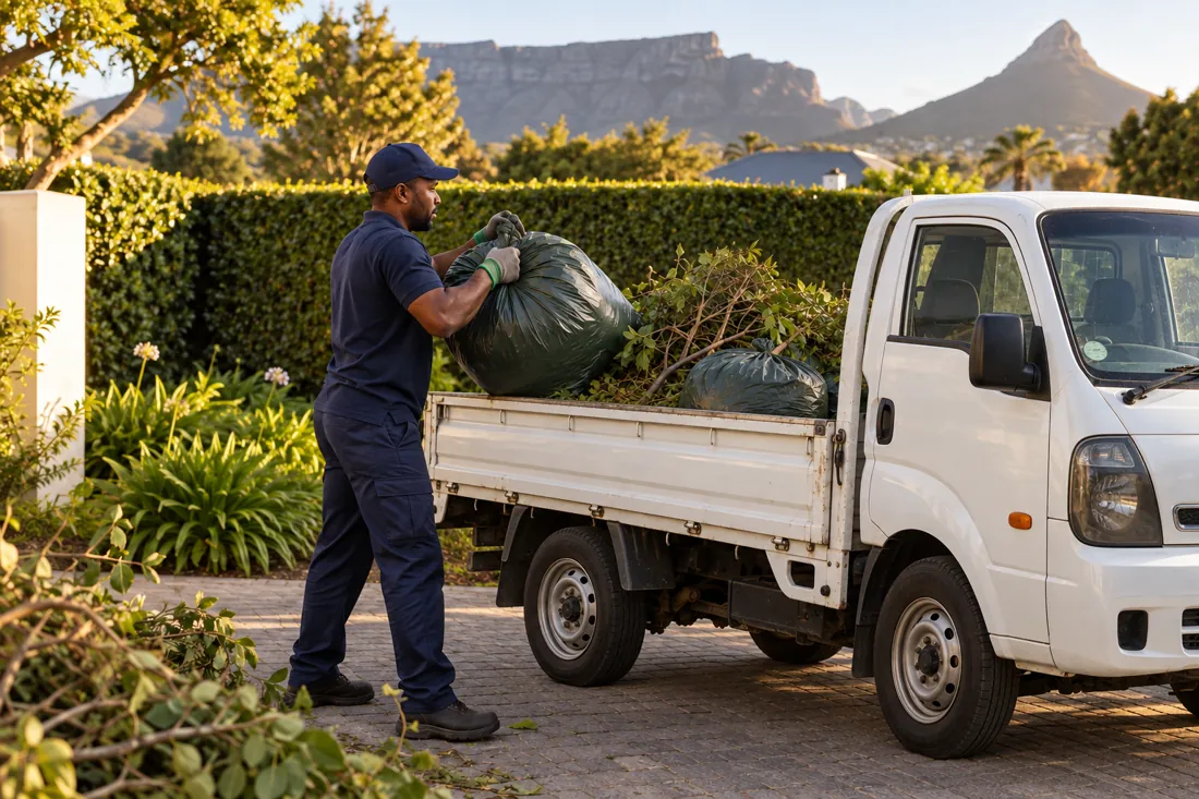 Illustrative garden waste collection with an unbranded bakkie