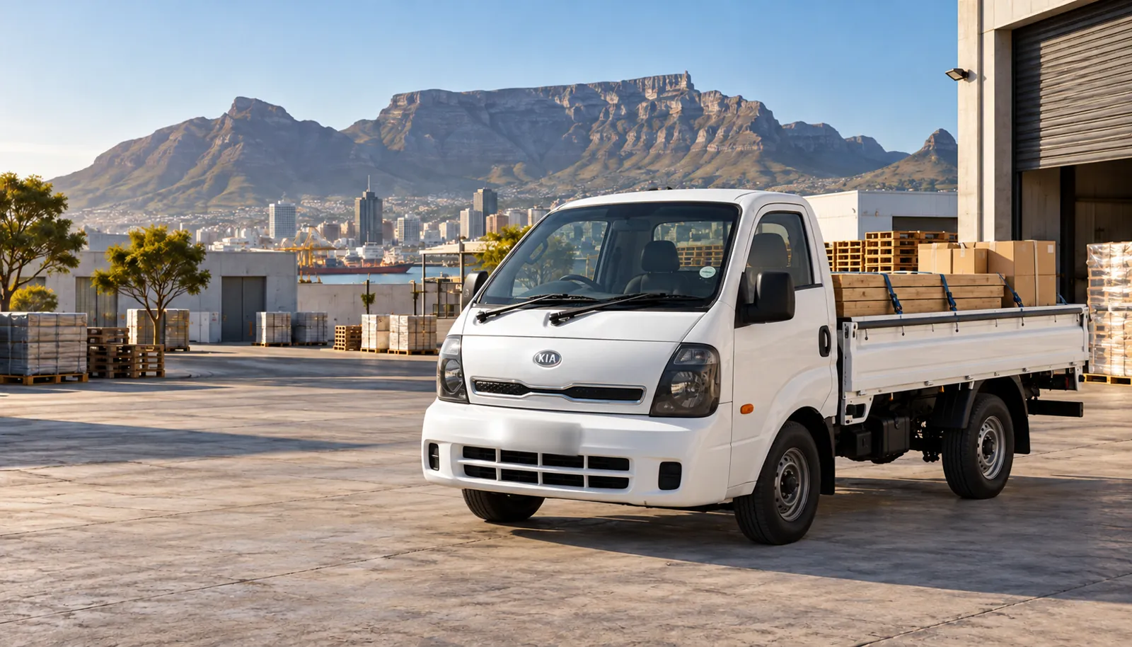 Illustrative unbranded delivery bakkie with a secured load and Table Mountain in the background