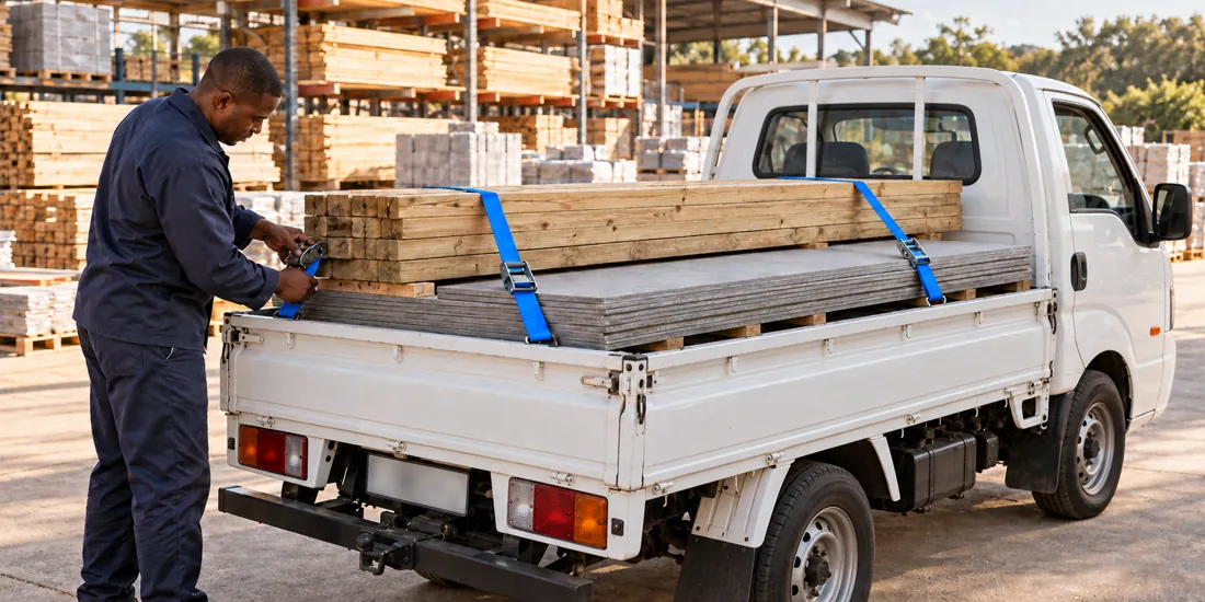Illustrative unbranded bakkie carrying secured timber and fibre cement boards